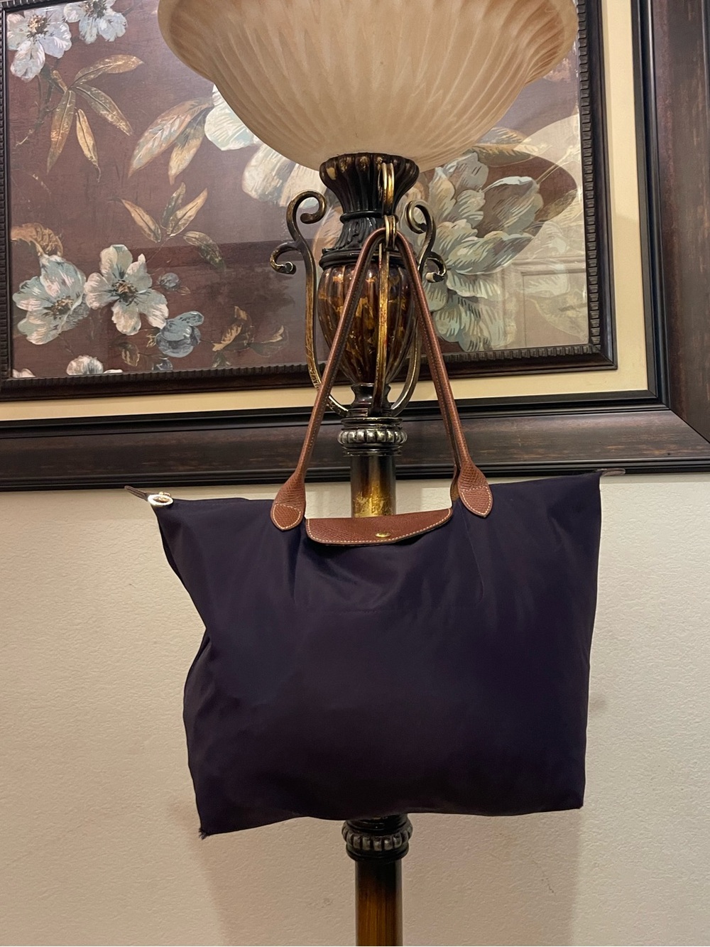 Longchamp Navy Nylon Tote with Brown Leather Trim